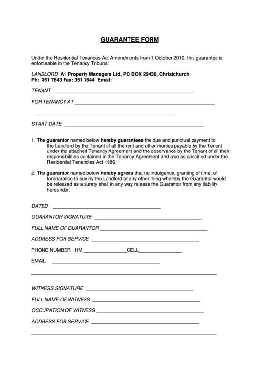 Guarantee Form - A1 Property Managers Printable pdf