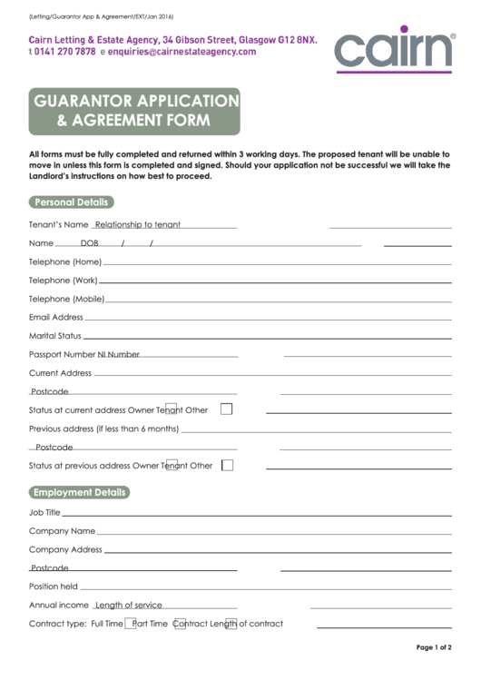 Guarantor Application And Agreement Form - Cairn Estate Agency