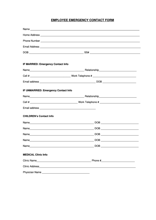 Employee And Emergency Contact Form Printable pdf