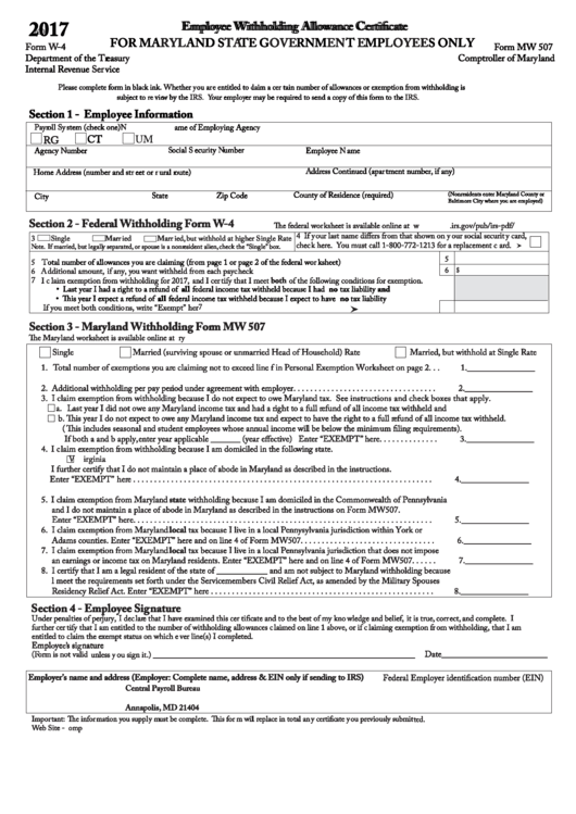 Form W-4 - Employee Withholding Allowance Certificate For Maryland State Government Employees Only - 2017 Printable pdf