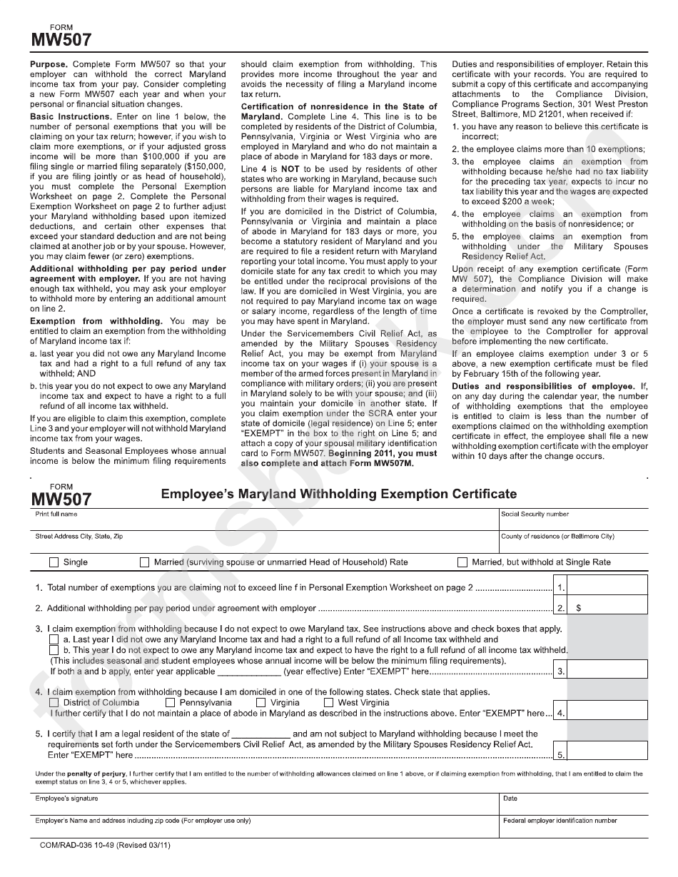 Mw507 Maryland Withholding Exemption Certificate Printable Pdf Download 6446