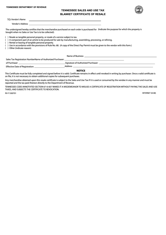 Form Rv-F1300701 - Tennessee Sales And Use Tax Blanket Certificate Of Resale Printable pdf