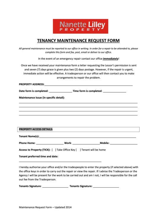 Tenancy Maintenance Request Form - Nanette Lilley