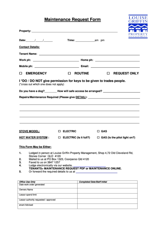 Maintenance Request Form - Louise Griffin - Property Management Printable pdf