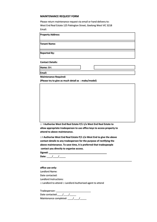 Maintenance Request Form - West End Real Estate Printable pdf