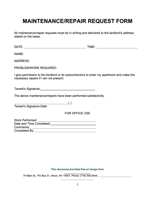 Maintenance Repair Request Form Printable pdf
