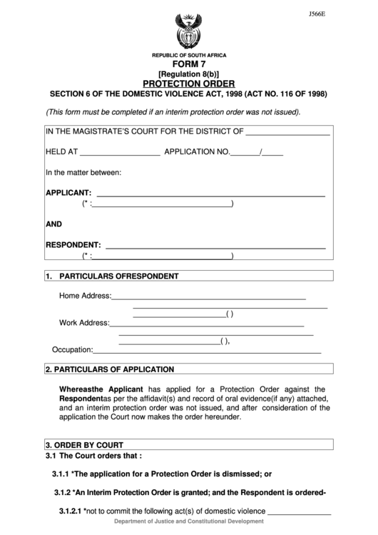 Fillable Form 7 Protection Order - Department Of Justice Printable pdf