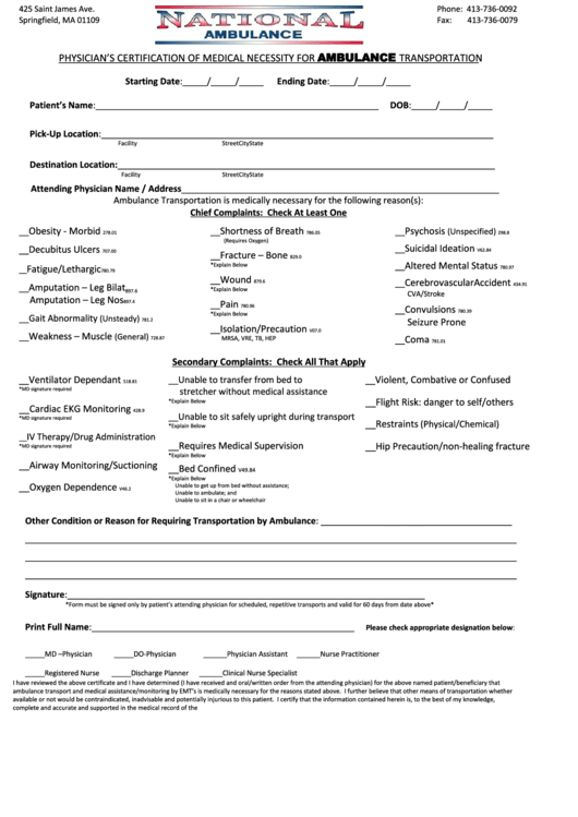 Medical Necessity Form For Ambulance - National Ambulance Printable pdf