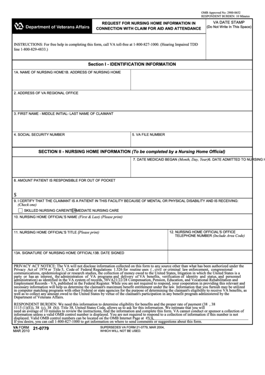 Va Form 21-0779 - 2010 Request For Nursing Home Information In Connection With Claim For Aid And Attendance