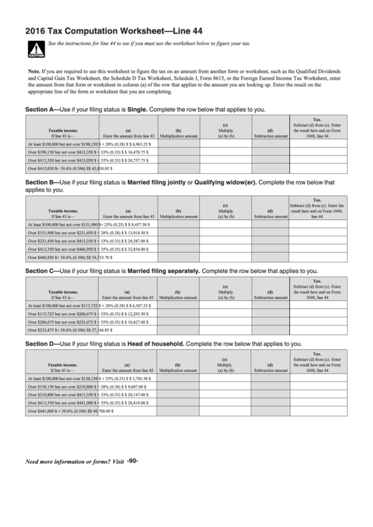 Tax Computation Worksheet  Line 44  2016 printable pdf download