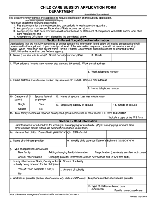 Fillable Child Care Subsidy Application Form Department - Opm Printable pdf