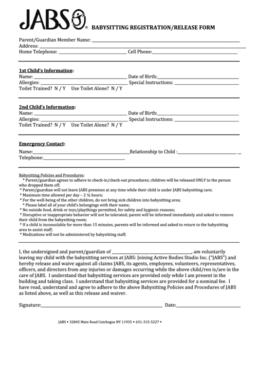 Babysitting Registration/release Form - Jabs Ny Printable pdf