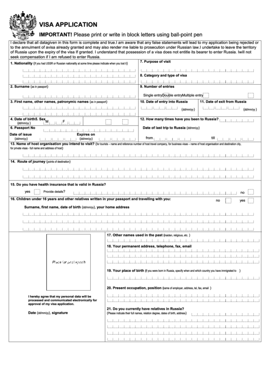 Fillable Russian Visa Application Form For Non U s Citizens Printable Pdf Download