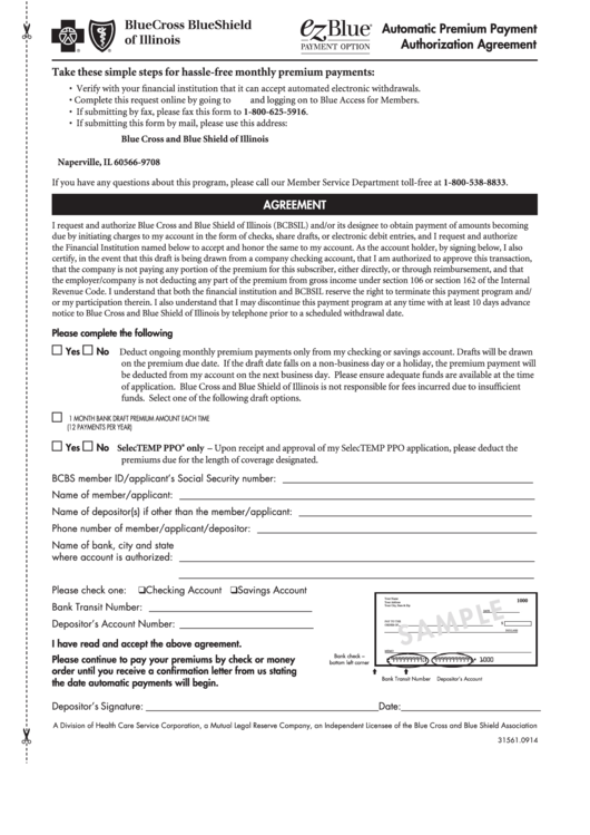 Authorization Agreement Form - Blue Cross And Blue Shield Of Illinois Printable pdf