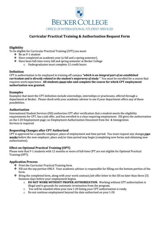 Curricular Practical Training And Authorization Request Form Printable pdf
