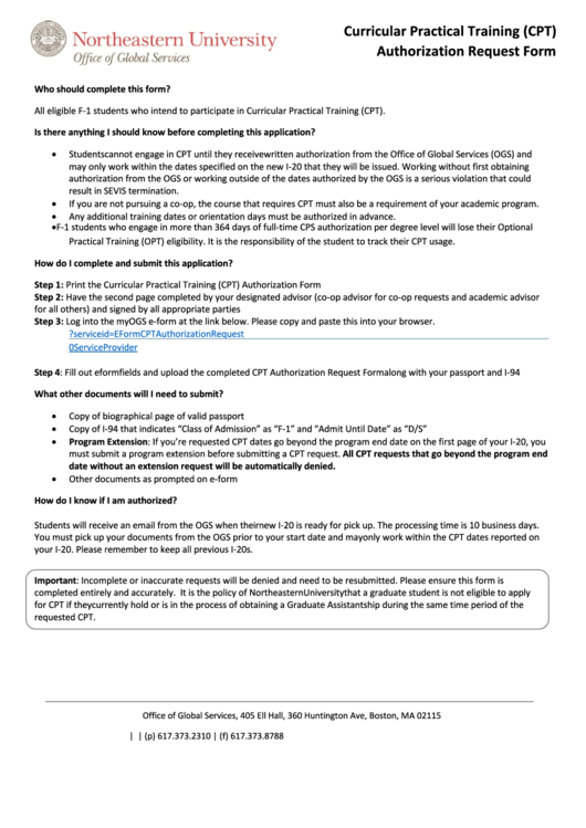 Fillable (Cpt) Authorization Request Form - Northeastern University Printable pdf