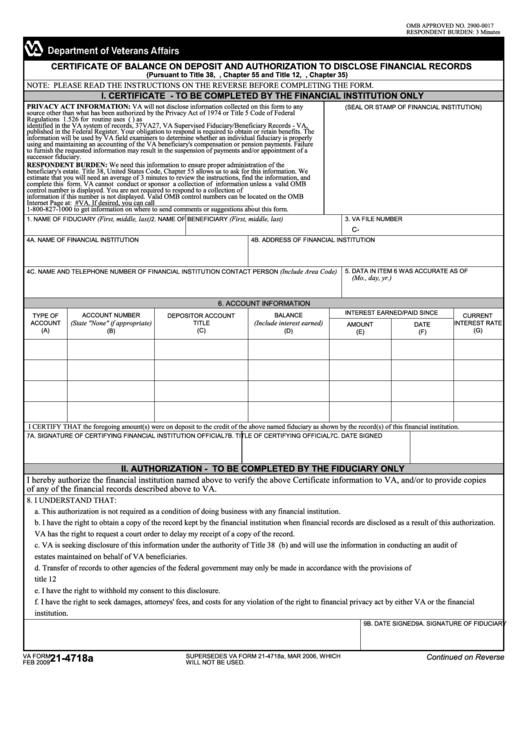 Fillable Va Form 21-4718a - Veterans Benefits Administration Printable pdf