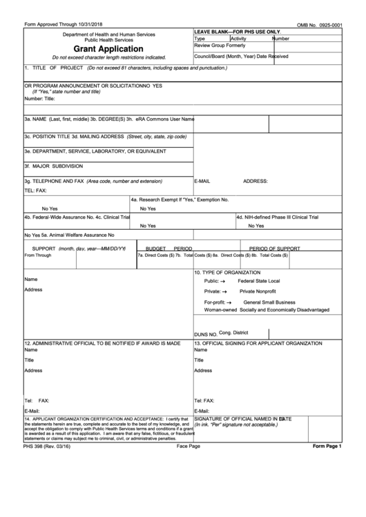 Fillable Form Omb No. 0925-0001 - Grant Application Printable pdf