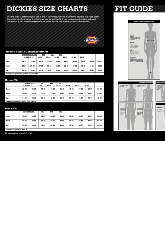 Dickies Size Charts & Fit Guide Printable pdf