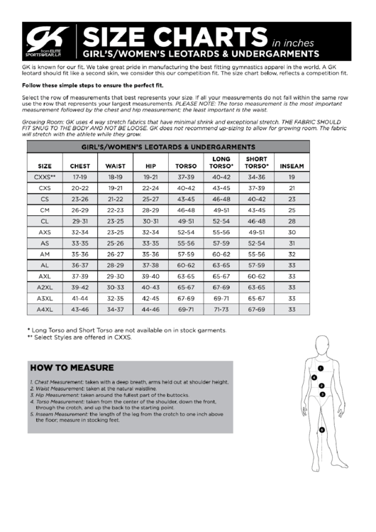 Gk Girl'S/women'S Leotards And Undergarments Size Chart printable pdf ...