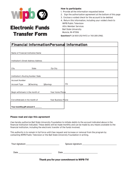 Electronic Funds Transfer Form - Wipb Printable pdf