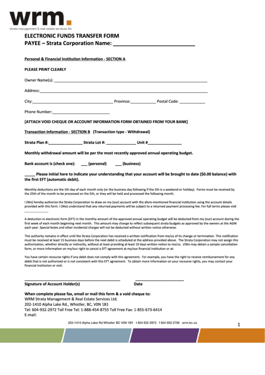 Electronic Funds Transfer Form - Wrm Strata Management Printable pdf