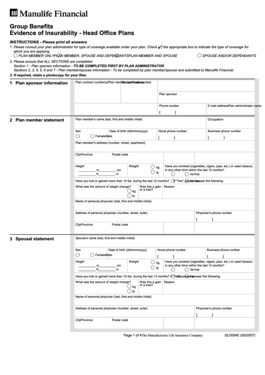 Evidence Of Insurability Form Head Office Plans Printable Pdf Download