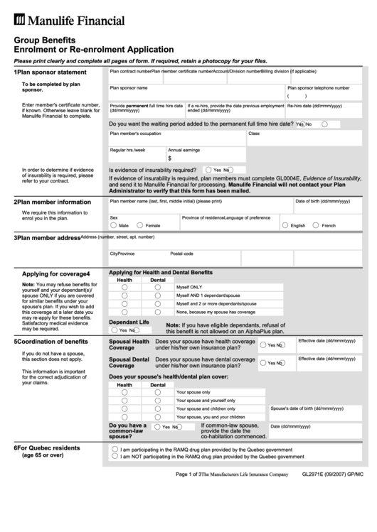Group Benefits Enrolment Application Form Printable pdf
