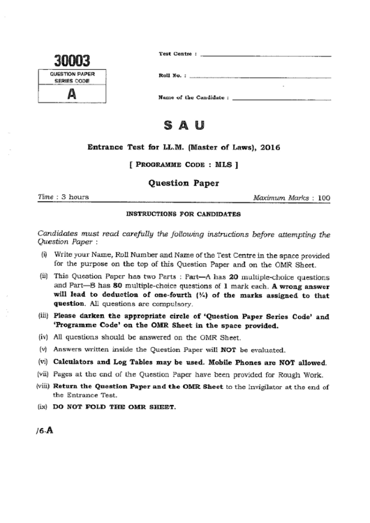 Entrance Test For Ll.m. - Master Of Laws Printable pdf