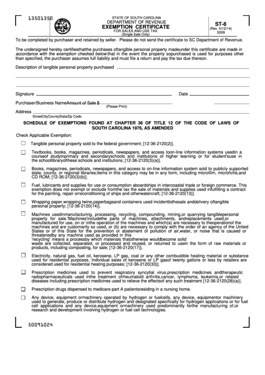 Form St-8 - Exemption Certificate For Sales And Use Tax (Single Sale Only) - 2014 Printable pdf