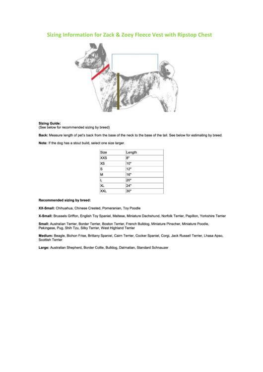 Sizing Information For Zack & Zoey Fleece Vest With Ripstop Chest Printable pdf