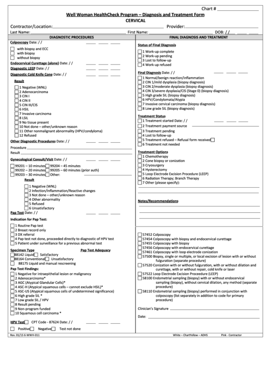 Well Woman Healthcheck Program Diagnosis And Treatment Form printable