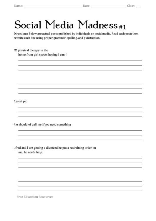 Social Media Worksheet Template Printable pdf
