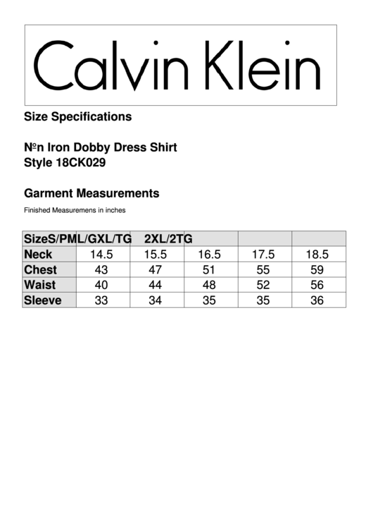 Calvin Klein Dress Size Specifications Printable pdf
