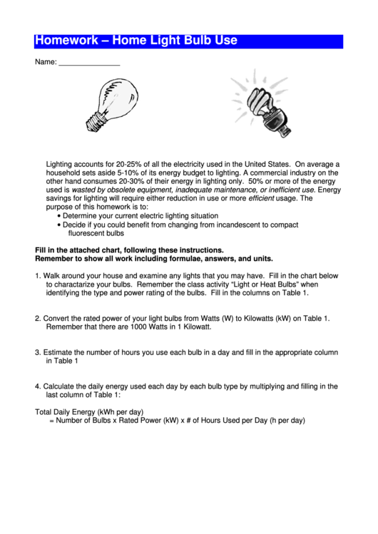 Homework - Home Light Bulb Use Printable pdf