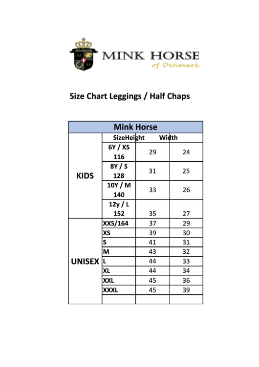 Size Chart Leggings / Half Chaps Printable pdf