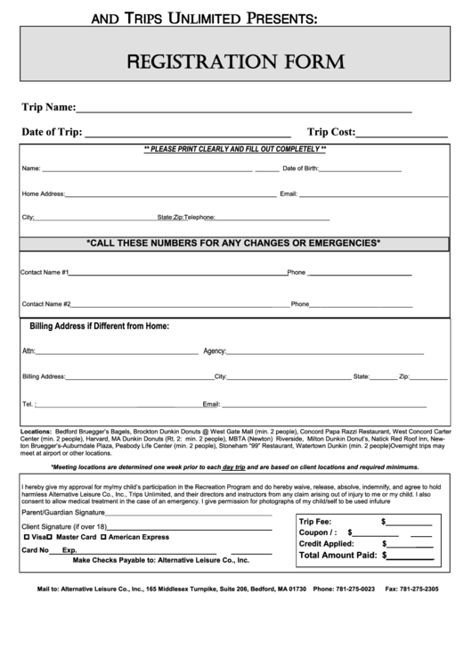 Registration Form - Alternative Leisure Company Printable pdf