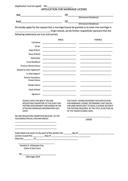 Fillable Application For Marriage License - Virgin Islands Superior Court Printable pdf