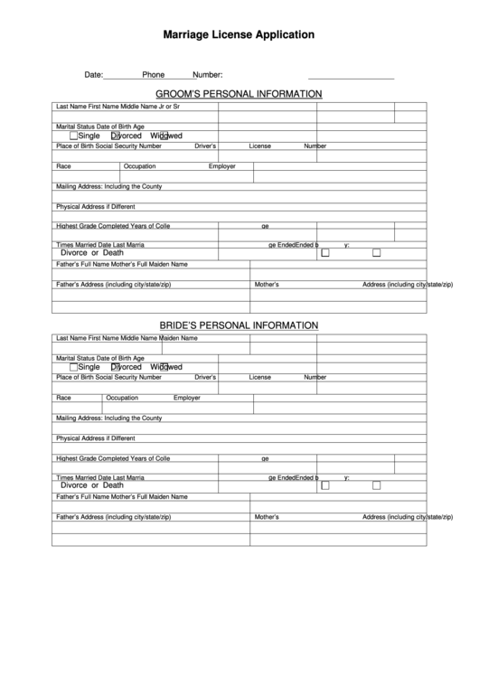Fillable Marriage License Application - U.s. Marriage Laws Printable pdf