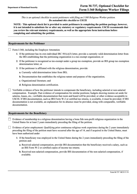 Fillable Optional Checklist For Form I-360 Religious Worker Filings - Uscis Printable pdf