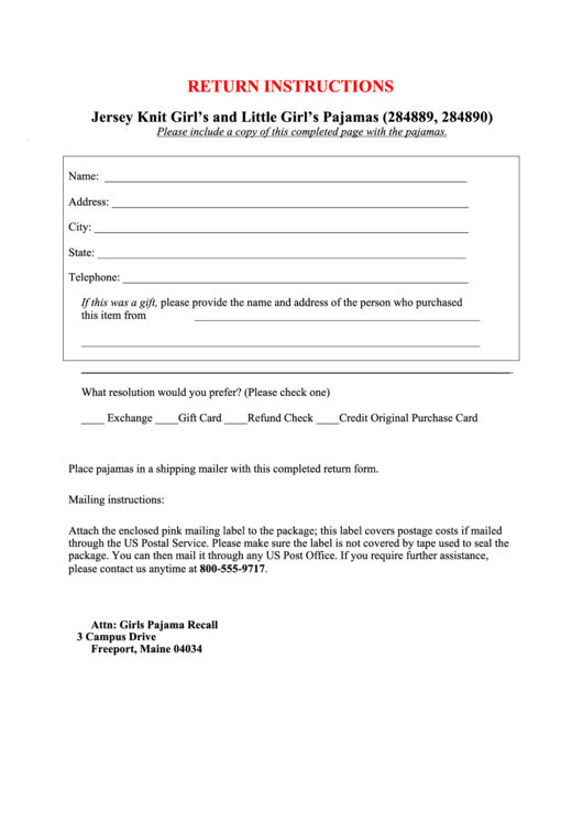 Return Instructions - L.l.bean Printable pdf