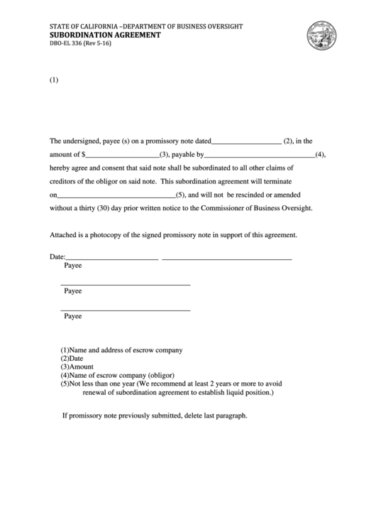 Subordination Agreement - California Department Of Business Oversight Printable pdf