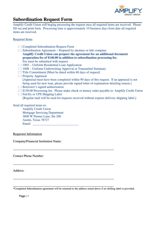 Subordination Request Form - Amplify Credit Union Printable pdf