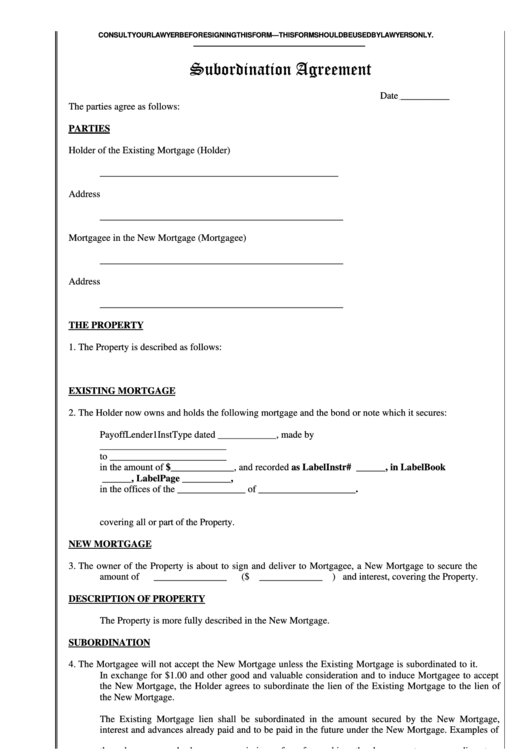 Fillable Subordination Agreement - Two Rivers Title Printable pdf