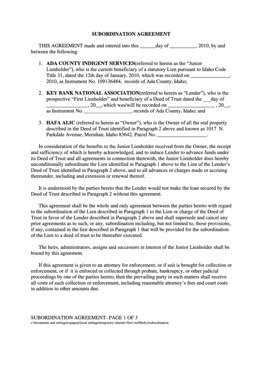 Subordination Agreement - Idaho Association Of Counties Printable pdf