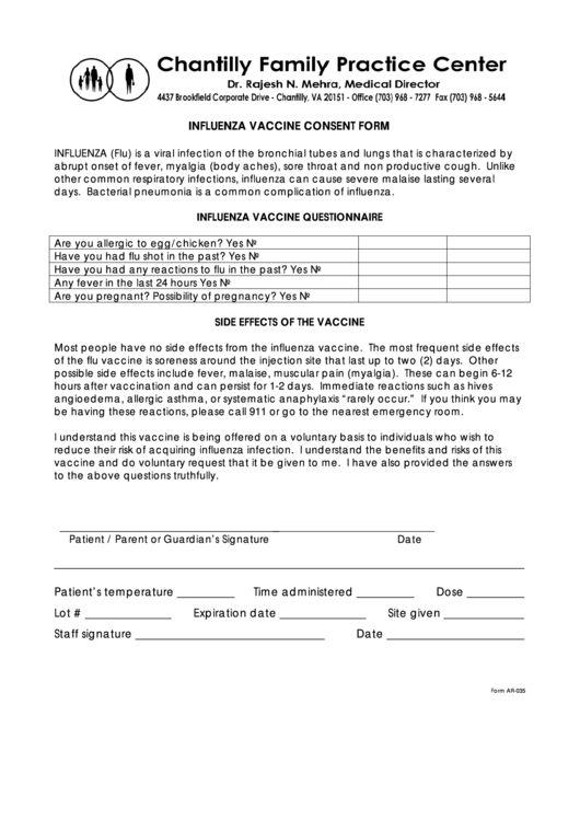 Influenza Vaccine Consent Form - Chantilly Family Practice Center Printable pdf