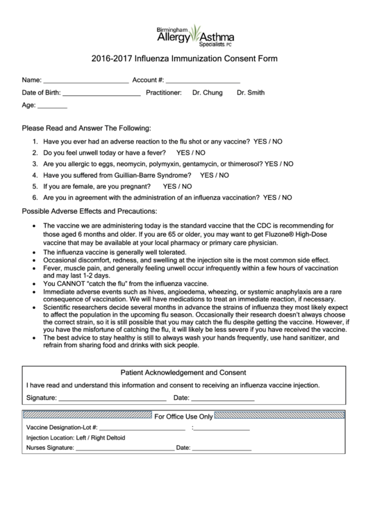 Flu Vaccine Consent Form Printable pdf