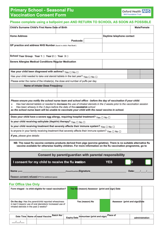 Flu Vaccination Consent Form - Oxford Health Nhs Foundation Trust Printable pdf