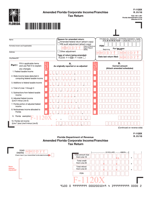 Form F-1120x - Amended Florida Corporate Income/franchisetax Return - 2016 Printable pdf