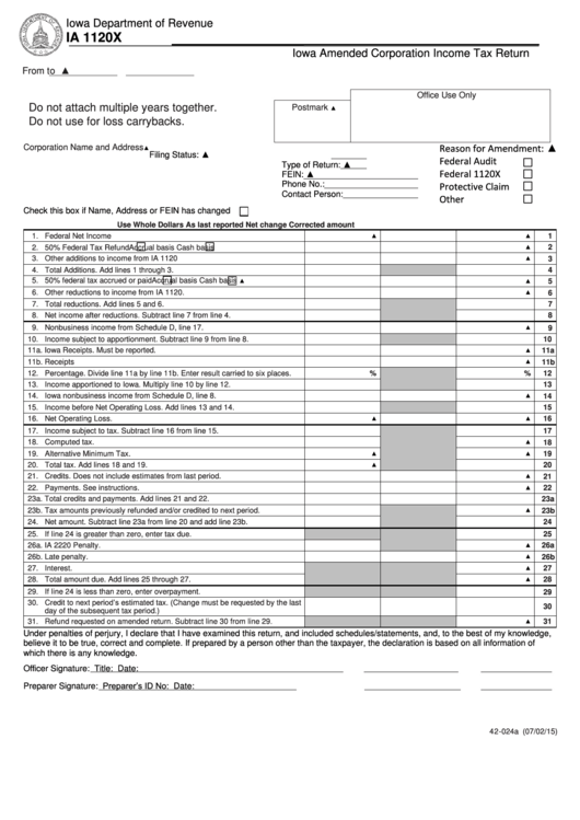 Fillable Ia 1120x, Iowa Amended Corporation Income Tax Return Printable pdf